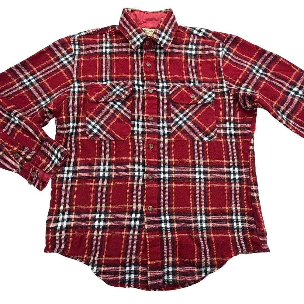 Sears Shirt Mens M Red Plaid Long Sleeve Flannel Button Up Lined Vintage